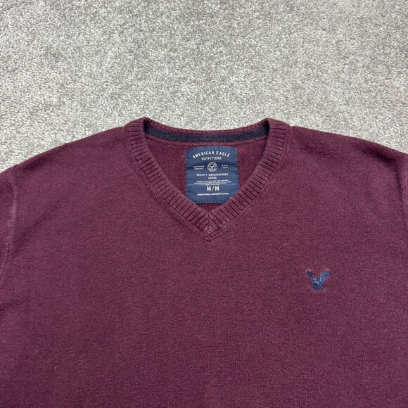 American Eagle Outfitters Pullover Sweater Mens Medium Burgundy Cotton V-Neck - Picture 3 of 13